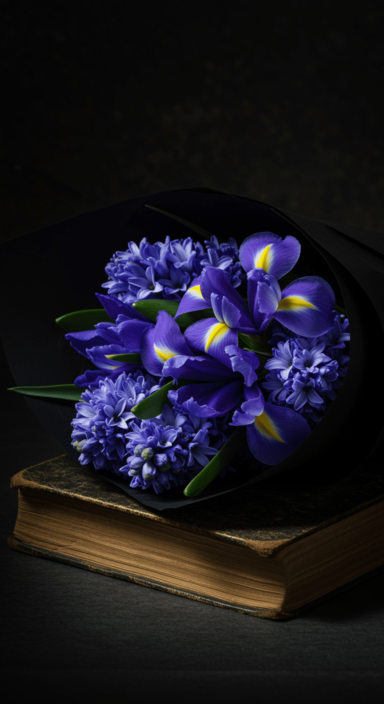 A mysterious bouquet featuring deep purple irises and vibrant blue hyacinths, symbolizing wisdom and sincerity, wrapped in sleek black paper. The bouquet rests on an open antique book, illuminated by moody, dramatic lighting that enhances the rich colors and intricate textures of the flowers and aged pages.