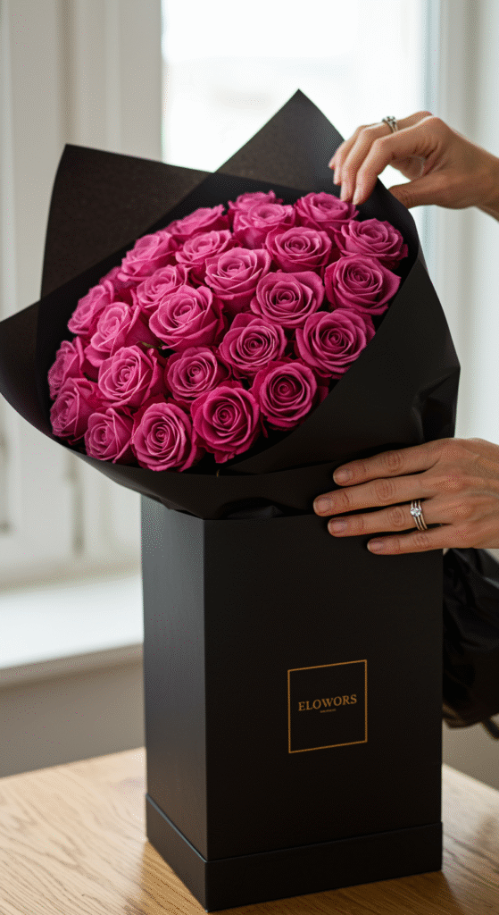 A vibrant bouquet of pink roses wrapped in sleek black paper, being unboxed from a stylish shipping container. The recipient's joyful hands reach out to hold the flowers, set against a neutral background that highlights the elegance of the arrangement.