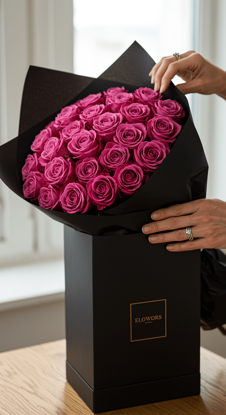 A vibrant bouquet of pink roses wrapped in sleek black paper, being unboxed from a stylish shipping container. The recipient's joyful hands reach out to hold the flowers, set against a neutral background that highlights the elegance of the arrangement.