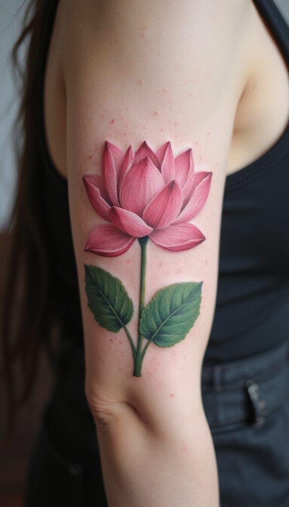 A close-up of a vibrant lotus flower tattoo on a person's forearm, featuring detailed pink petals with subtle shading and green leaves, set against a soft, blurred background.