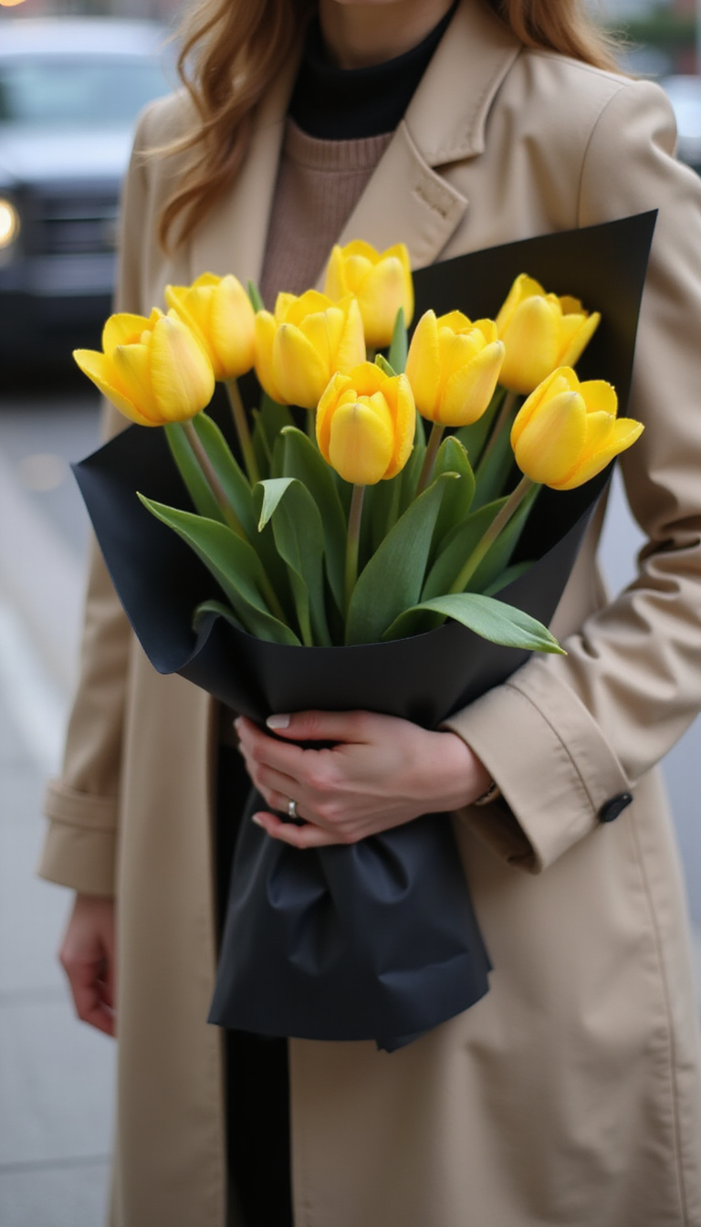 An artistic shot of a bouquet of vibrant yellow tulips wrapped in black paper, held by a woman in a stylish beige trench coat on a city street with a blurred background.