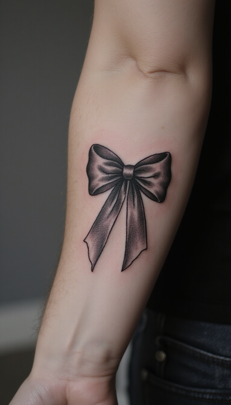 A close-up of a finely detailed bow tattoo inked on a person's forearm, showcasing intricate shading and elegant lines in black and gray, with subtle highlights. The skin is smooth, and the tattoo appears fresh, emphasizing craftsmanship and symbolism.