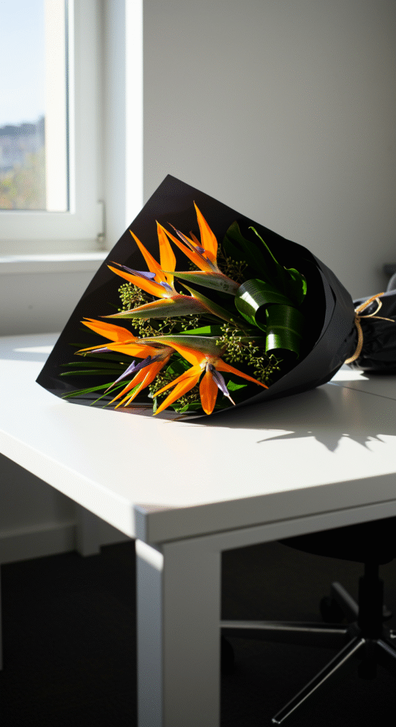A vibrant celebration bouquet featuring bright orange birds of paradise flowers and lush green foliage, wrapped in sleek black paper, positioned on the corner of a modern, clean office desk.