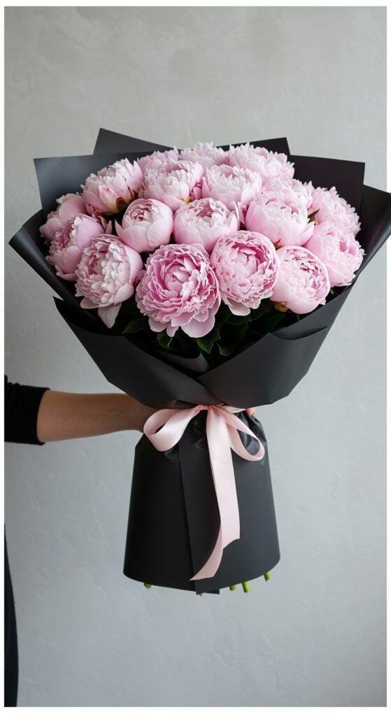A person holds a stunning bouquet of fully bloomed Sarah Bernhardt peonies in soft pink shades, wrapped in matte black paper and tied with a delicate pale pink silk ribbon, set against a light grey wall with soft side lighting that highlights the lush, fluffy petals.