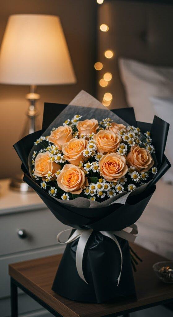 A gentle bouquet of pale peach roses and white chamomile daisies, wrapped in soft black paper, resting on a bedside table in a warmly lit room
