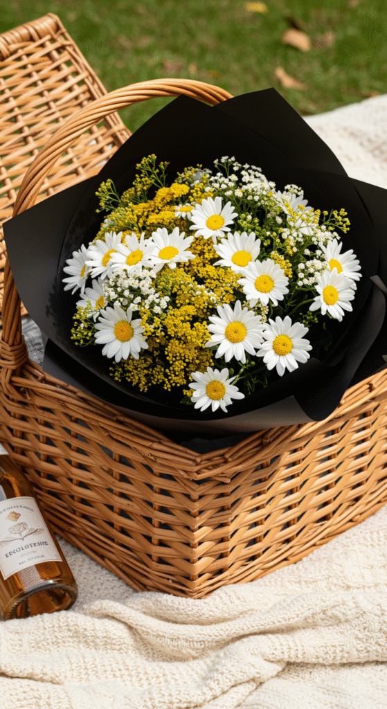 A charming bouquet featuring vibrant hardy daisies and yellow craspedia, wrapped in sleek black paper, placed inside a rustic wicker picnic basket. The basket sits atop a cozy picnic blanket, with a bottle of bubbly tucked nearby, evoking a relaxed outdoor setting.