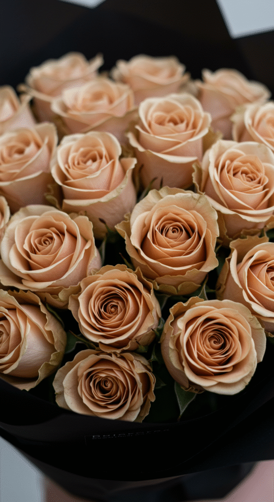 A close-up macro shot of a bouquet of Quicksand roses showcasing their beige-pink petals with intricate texture and gentle curves. The roses are wrapped in sleek black paper, highlighting the contrast between the soft petals and the dark background.