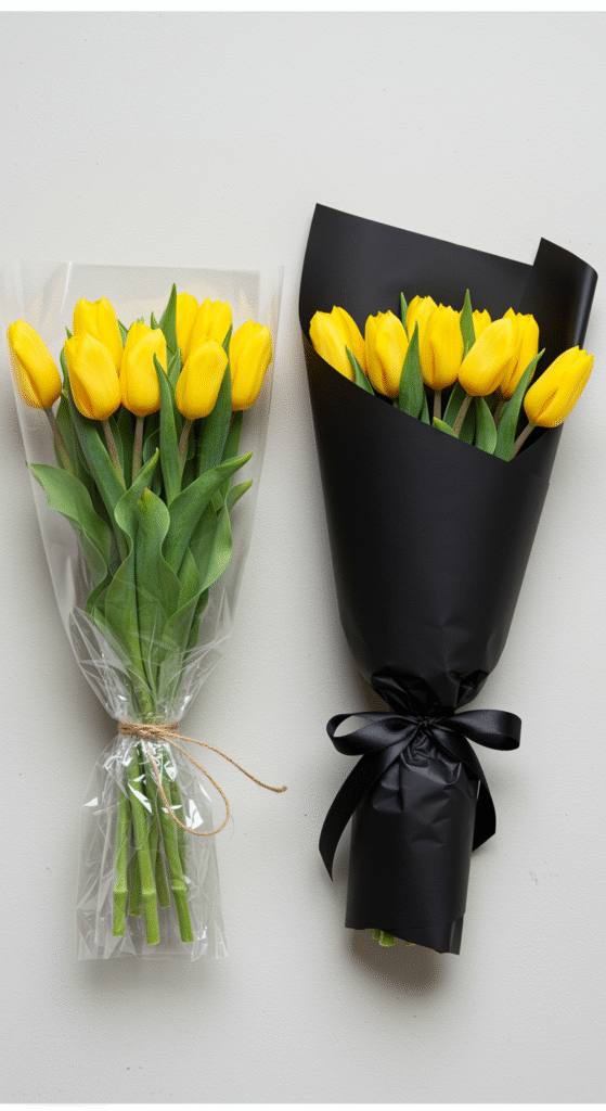 A side-by-side comparison of two bouquets of yellow tulips. On the left, the flowers are wrapped in clear, simple cellophane, highlighting a bright and fresh appearance. On the right, the same bouquet is wrapped in matte black paper, creating a striking, dramatic effect with a bold and sophisticated look.