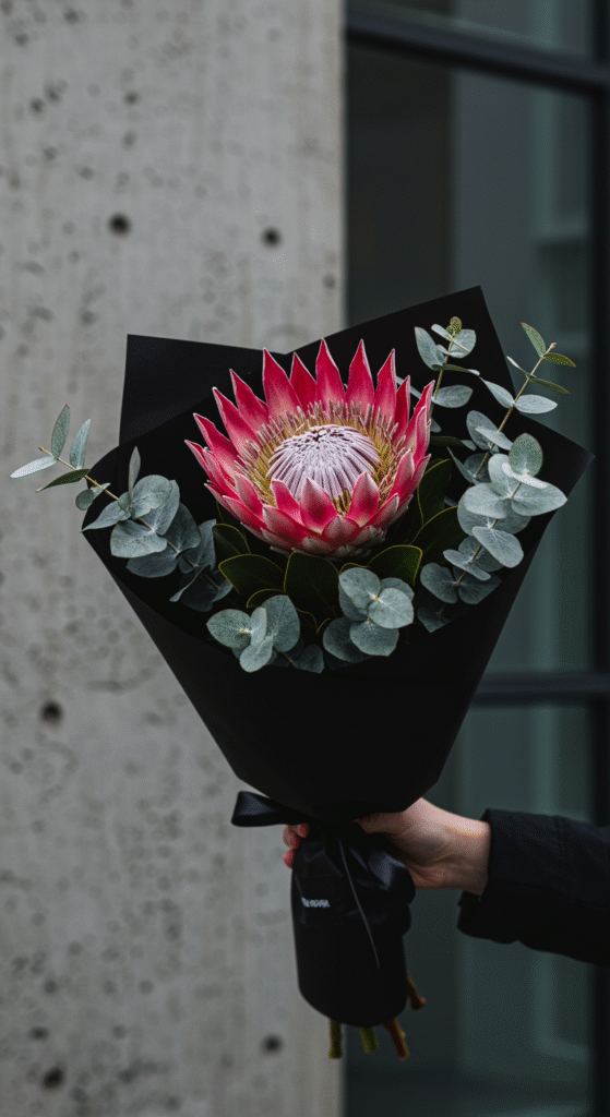 A single, large King Protea flower with vibrant pink petals and a green center, surrounded by lush eucalyptus leaves, wrapped in simple black kraft paper, held against a stark, modern architectural background.