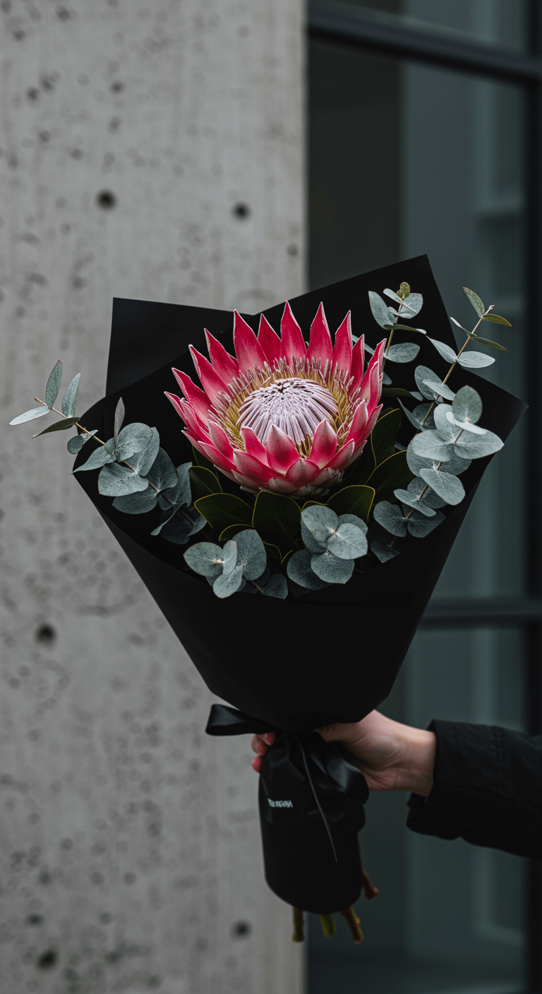 A single, large King Protea flower with vibrant pink petals and a green center, surrounded by lush eucalyptus leaves, wrapped in simple black kraft paper, held against a stark, modern architectural background.
