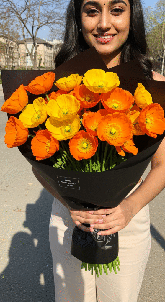 A vibrant bouquet of orange and yellow poppies wrapped in black paper, held by a smiling person on a bright, sunny day, with the person's face not visible.