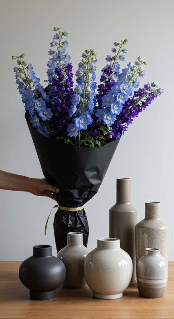A tall bouquet of delicate blue delphiniums wrapped in black paper, partially unwrapped and positioned beside an assortment of stylish ceramic and glass vases of various shapes and sizes, set on a neutral surface.