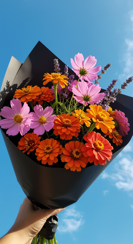 A vibrant bouquet of summer flowers including cosmos, zinnias, and lavender wrapped in black paper, held up against a clear, bright blue sky on a sunny day