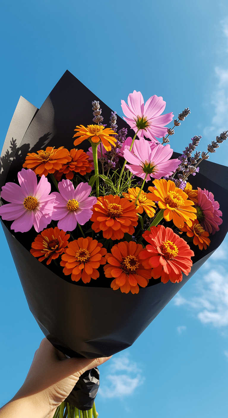 A vibrant bouquet of summer flowers including cosmos, zinnias, and lavender wrapped in black paper, held up against a clear, bright blue sky on a sunny day