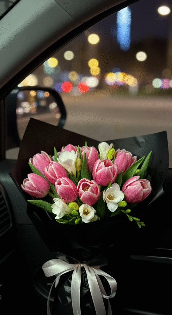 A charming bouquet of pink tulips and white freesia, wrapped in black paper, rests on the passenger seat of a car at night. The background features soft city lights bokeh, creating a romantic yet relaxed ambiance.