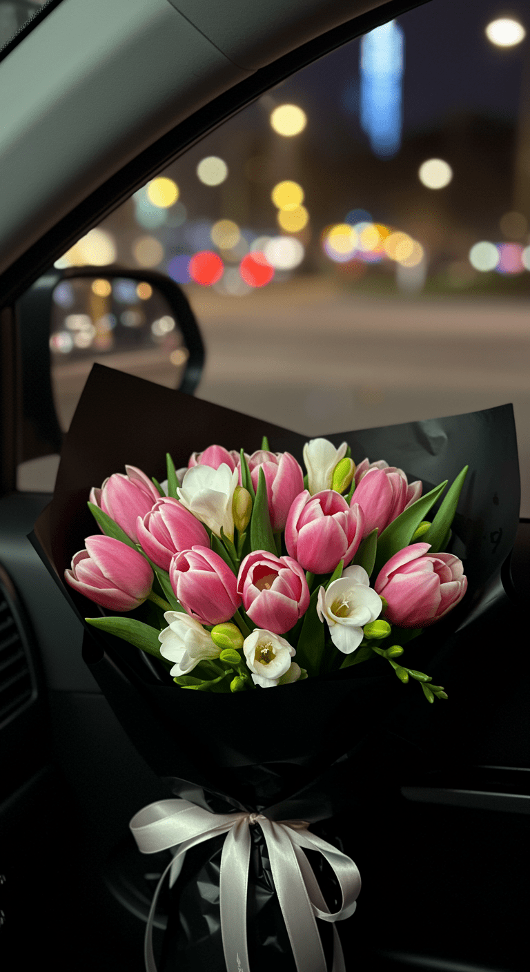 A charming bouquet of pink tulips and white freesia, wrapped in black paper, rests on the passenger seat of a car at night. The background features soft city lights bokeh, creating a romantic yet relaxed ambiance.