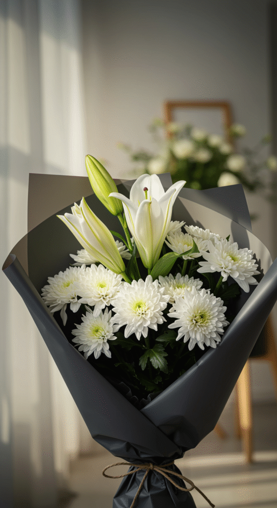 A serene bouquet of white lilies and chrysanthemums, wrapped in soft dark charcoal grey paper, set against a calm, contemplative background