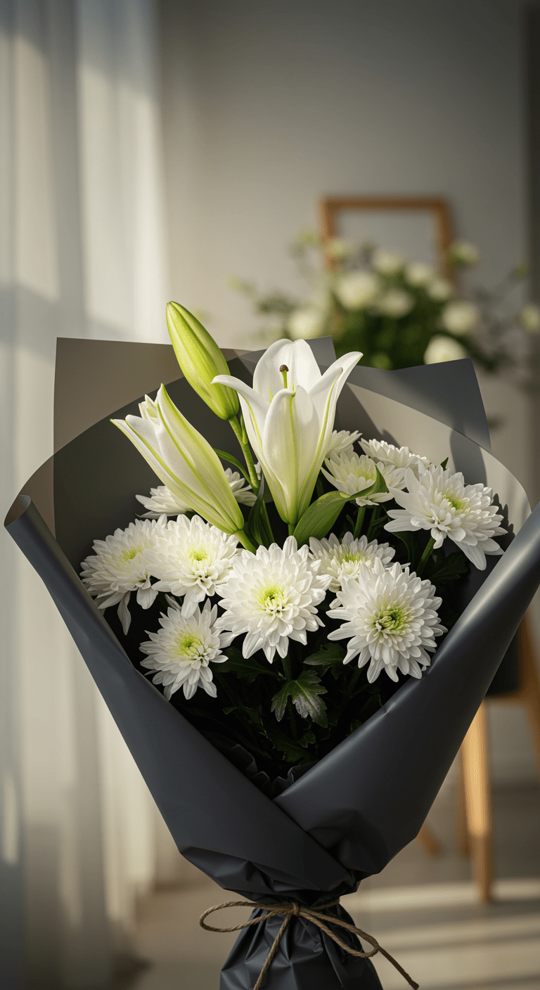 A serene bouquet of white lilies and chrysanthemums, wrapped in soft dark charcoal grey paper, set against a calm, contemplative background