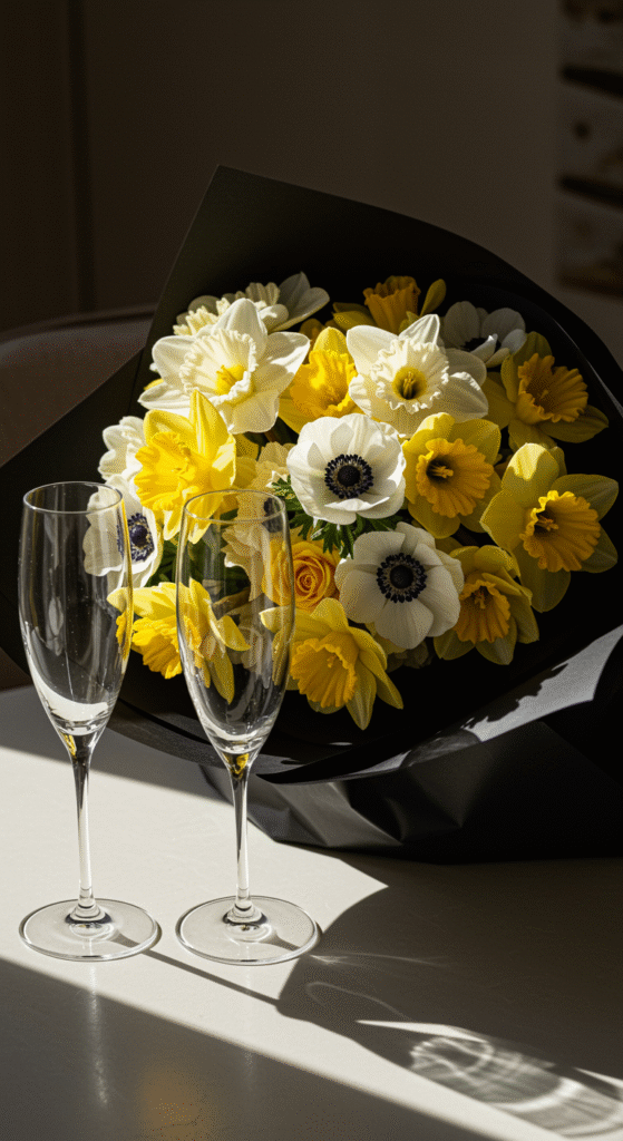 A cheerful yet sophisticated bouquet featuring white and yellow daffodils, complemented by modern white anemones, all wrapped in black paper, placed on a sunlit table next to two champagne flutes, creating an elegant and vibrant floral display.