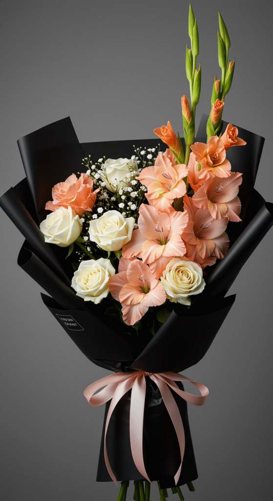 A vibrant bouquet featuring peach-colored gladiolus blooms prominently arranged with elegant white roses, all wrapped in sleek black paper, set against a soft, blurred background.