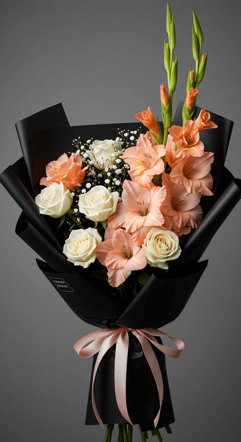 A vibrant bouquet featuring peach-colored gladiolus blooms prominently arranged with elegant white roses, all wrapped in sleek black paper, set against a soft, blurred background.