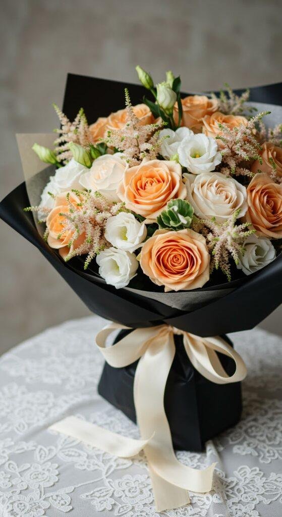 A romantic bridal shower bouquet featuring pale peach garden roses, white lisianthus, and delicate astilbe, wrapped in black paper with a trailing ivory silk ribbon, softly lit and resting on a white lace tablecloth.