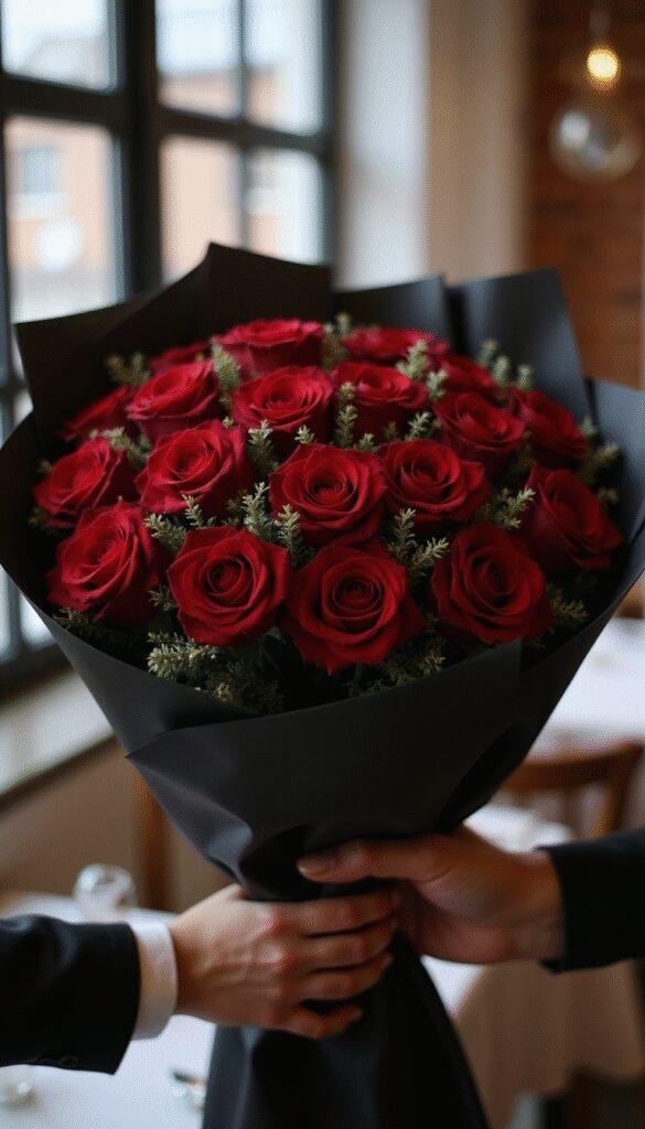 A luxurious bouquet of 15 deep red roses, accented with subtle greenery, wrapped in chic black paper, being presented by a man to a woman (only hands visible) against a softly blurred restaurant background.