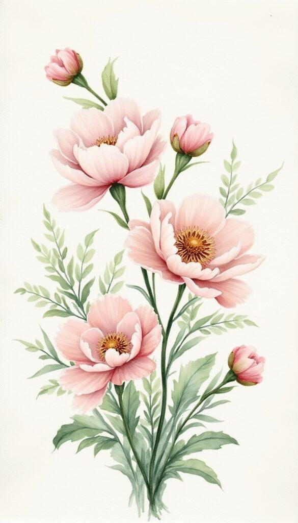 A close-up of a watercolor painting depicting vibrant pink and purple peonies with delicate green leaves on textured watercolor paper, showcasing the fluid blending of colors and soft brushwork.