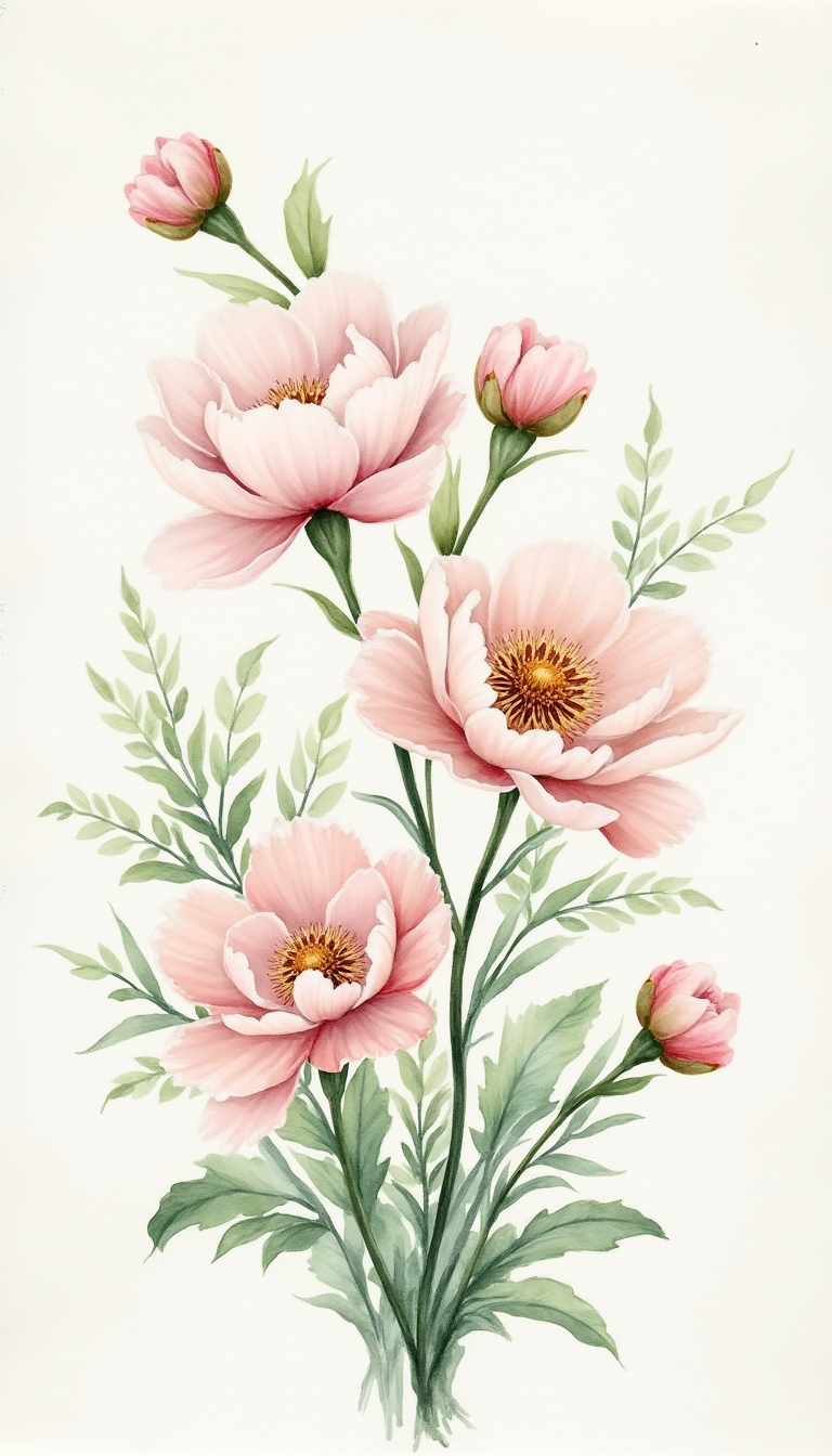 A close-up of a watercolor painting depicting vibrant pink and purple peonies with delicate green leaves on textured watercolor paper, showcasing the fluid blending of colors and soft brushwork.