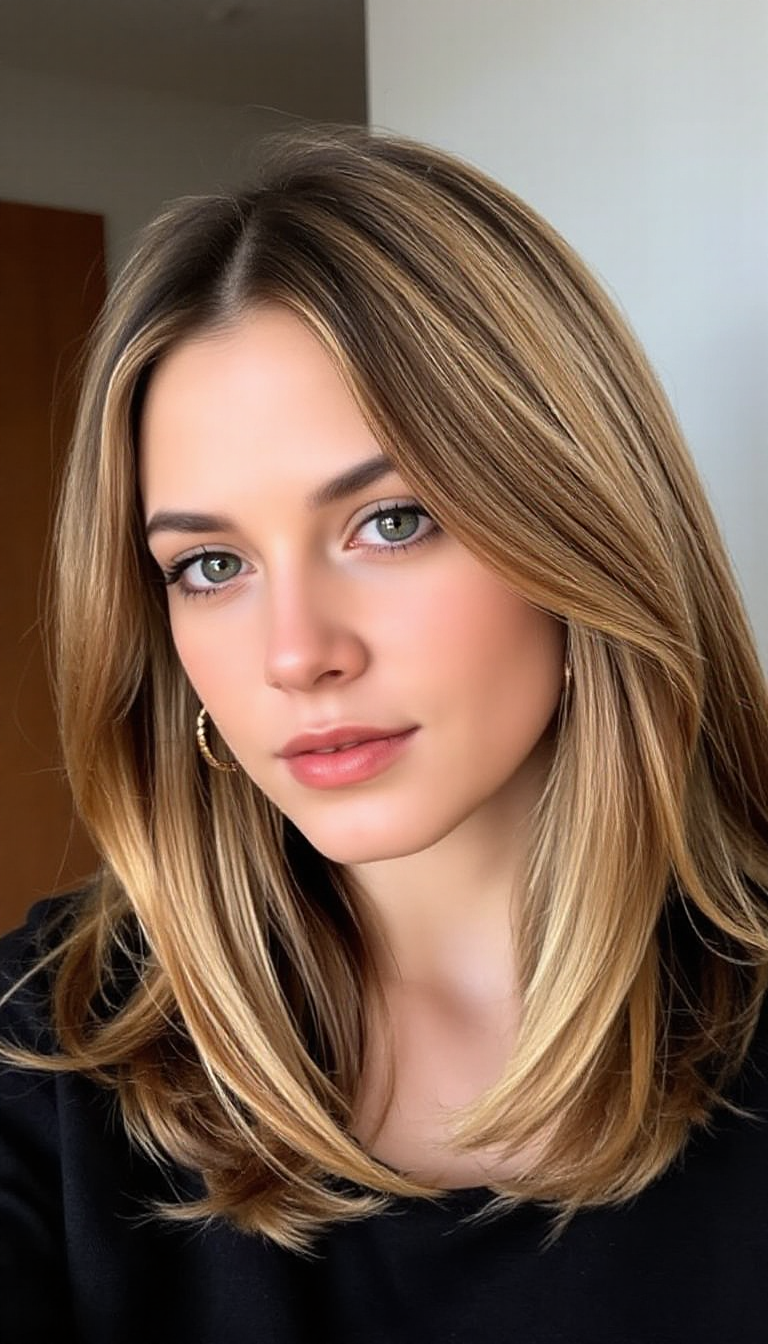 A vibrant salon-style image showcasing a woman with shoulder-length hair featuring a seamless gradient of warm blonde shades, from honey to caramel, accented by soft natural lighting. The background is blurred with neutral tones, highlighting the rich colors and glossy texture of the hair, emphasizing the fall-inspired color palette.