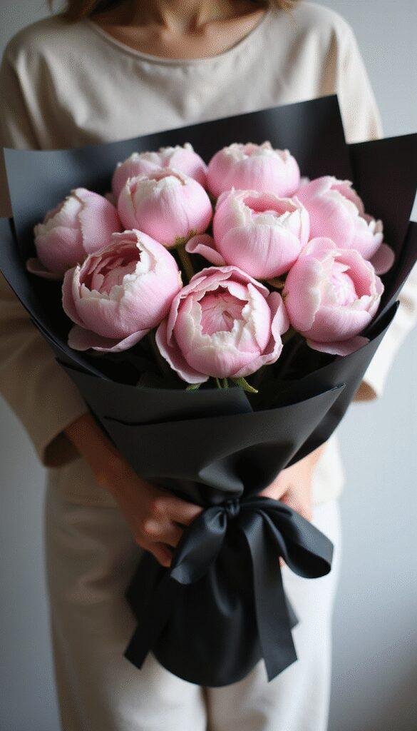 A photorealistic image of a large bouquet of blush pink peonies wrapped in luxurious matte black paper, tied with a sleek black silk ribbon. The bouquet is held by a person wearing a neutral-colored sleeve. Soft, natural lighting enhances the richness of the colors, with a shallow depth of field focusing on the flowers and wrapping material.