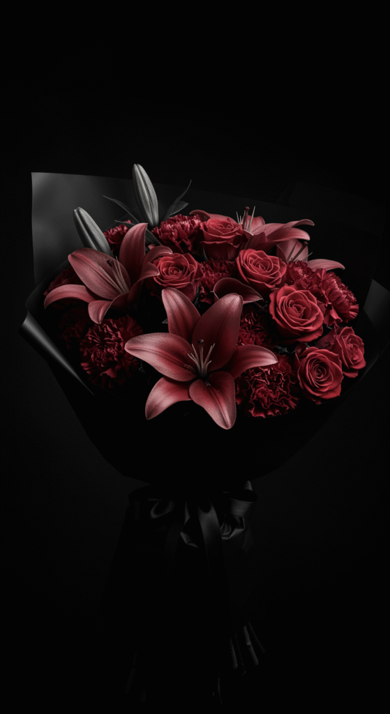 A close-up of a monochromatic bouquet featuring a variety of red flowers including lilies, roses, and carnations, all wrapped in sleek black paper, emphasizing the deep, velvety red hue.