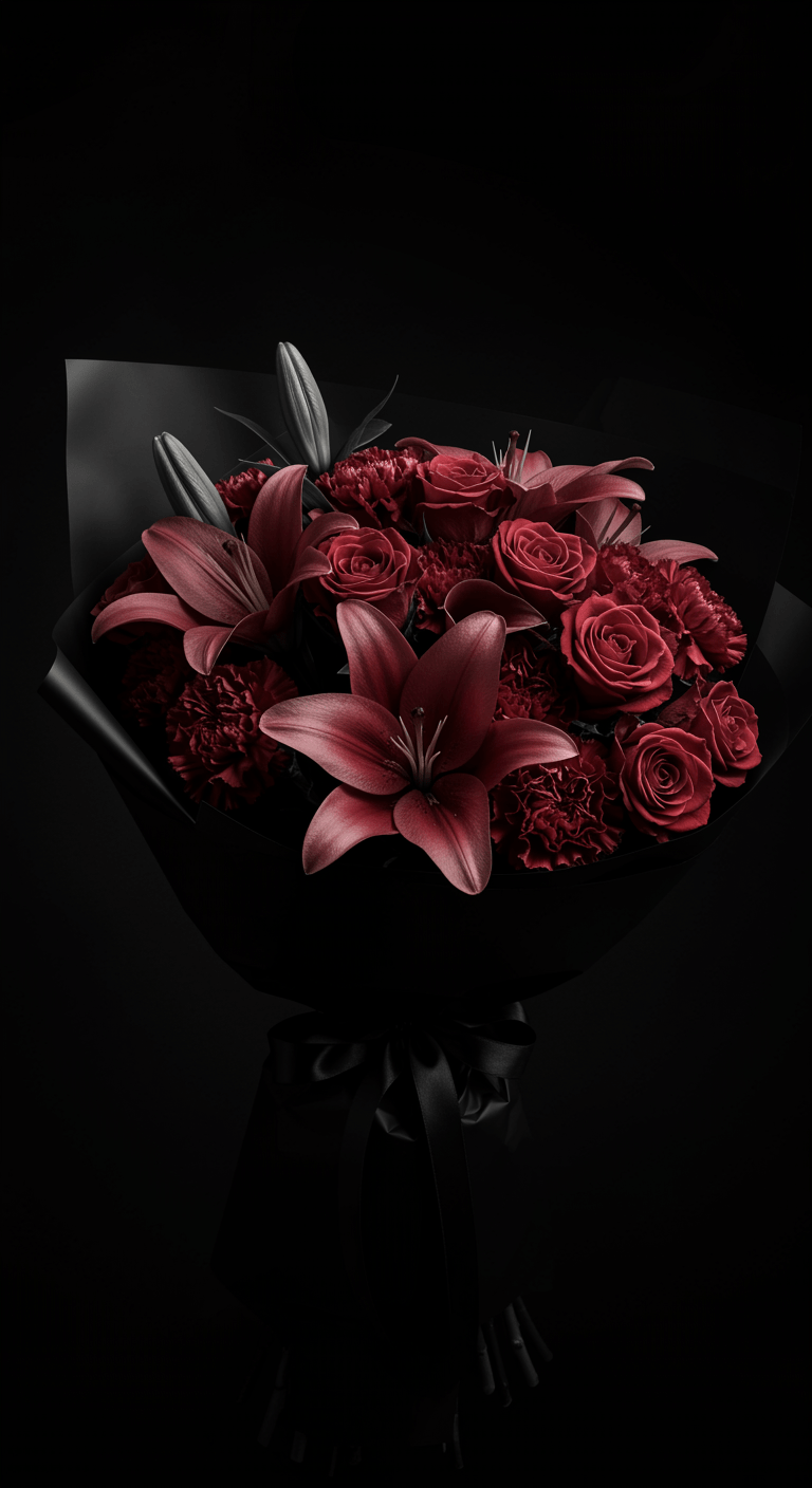 A close-up of a monochromatic bouquet featuring a variety of red flowers including lilies, roses, and carnations, all wrapped in sleek black paper, emphasizing the deep, velvety red hue.