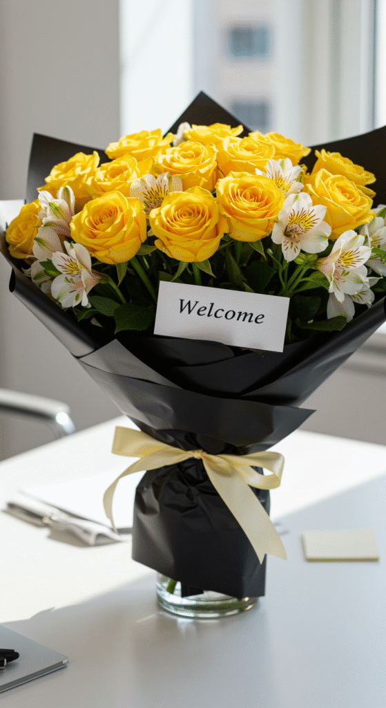 A vibrant bouquet of yellow roses and white alstroemeria arranged professionally and wrapped in black paper, placed on a sleek office desk with a welcoming 'Welcome' card beside it, illuminated by bright natural light.