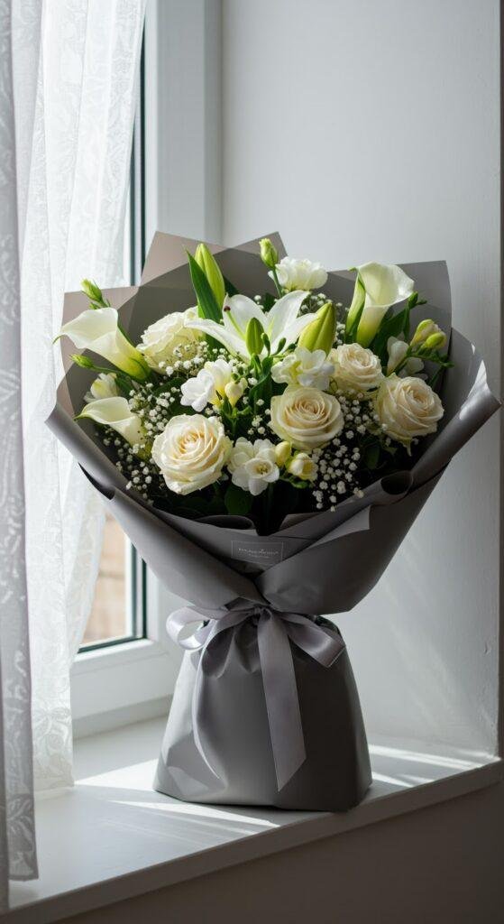 An elegant, all-white bouquet composed of roses, lilies, and freesia accented with soft greenery, wrapped in muted charcoal grey paper, resting on a windowsill with gentle, diffused light filtering through the window.