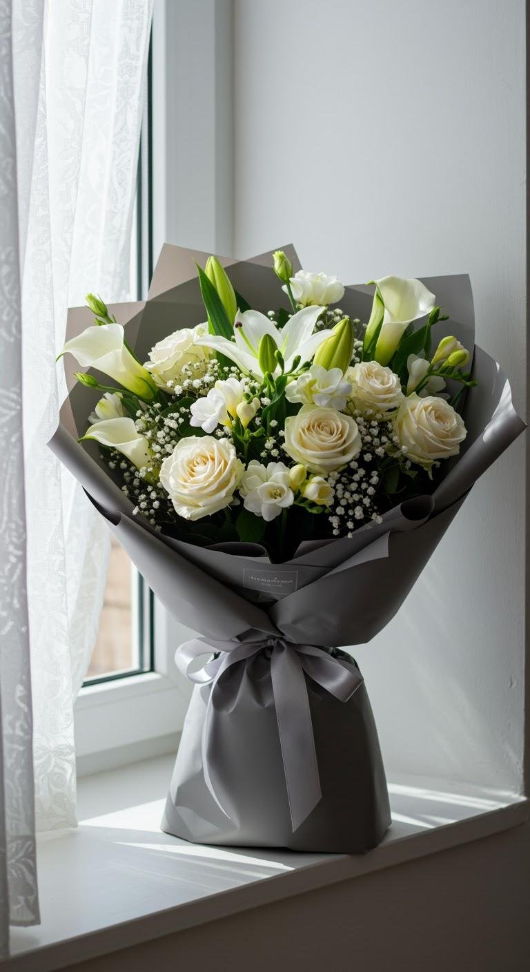 An elegant, all-white bouquet composed of roses, lilies, and freesia accented with soft greenery, wrapped in muted charcoal grey paper, resting on a windowsill with gentle, diffused light filtering through the window.