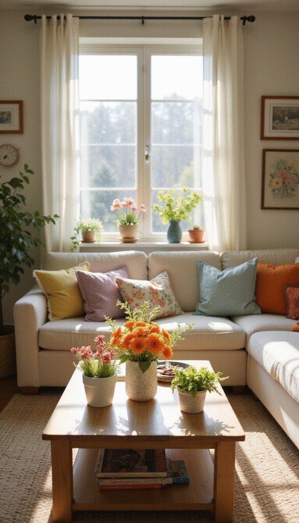A bright and inviting living room with a large window showcasing blooming spring flowers outside. On the coffee table, there are colorful handmade decorations including painted jars, woven baskets, and paper flowers, all crafted with vibrant colors and natural materials. The scene is well-lit with soft natural light, emphasizing a cozy and creative atmosphere perfect for spring DIY crafts.