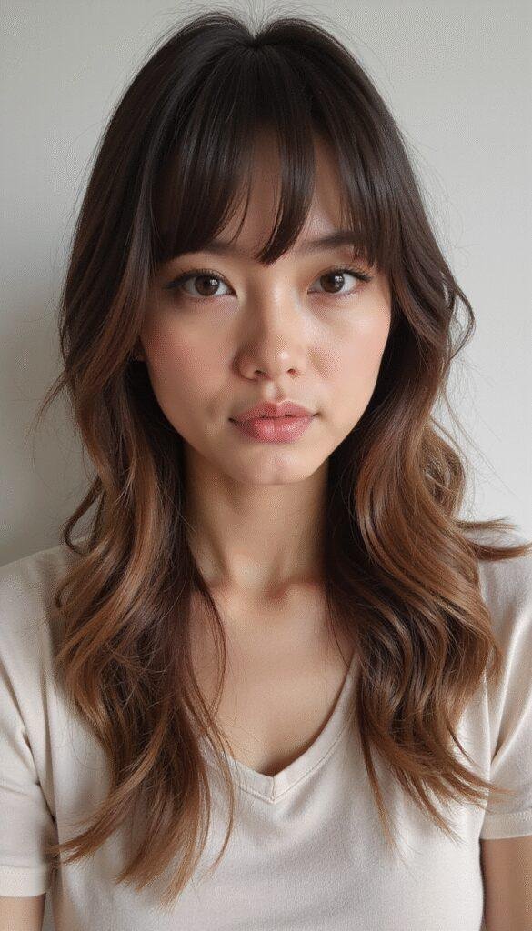 A woman with sleek, shoulder-length hair showcasing the latest curtain bangs style, styled with a middle part and soft waves, set against a modern, minimalist background with natural lighting highlighting the hair's shine and texture.