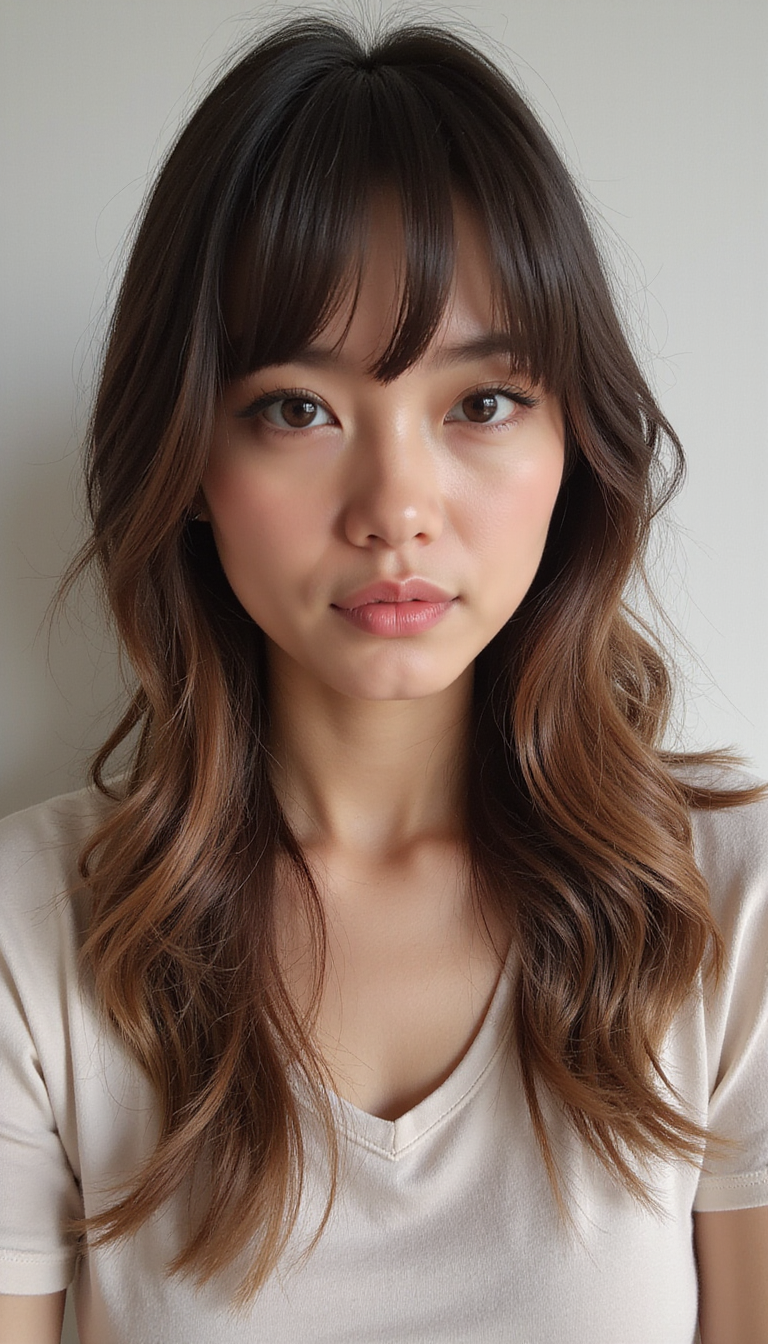 A woman with sleek, shoulder-length hair showcasing the latest curtain bangs style, styled with a middle part and soft waves, set against a modern, minimalist background with natural lighting highlighting the hair's shine and texture.