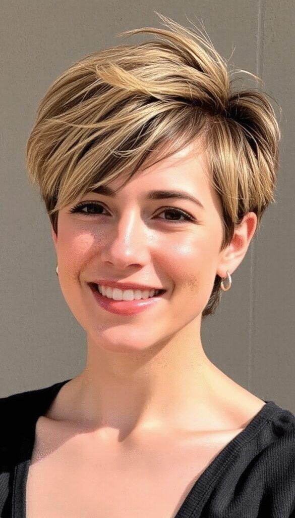 A modern woman with a chic short hairstyle, showcasing layered, textured hair in soft beachy waves. She is smiling against a neutral background with natural lighting highlighting her hair's shine and movement.