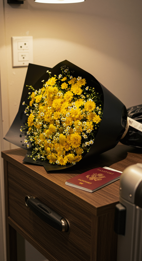 A cheerful bouquet featuring vibrant yellow craspedia and white daisies, wrapped in black paper, placed on an entryway table alongside a passport and a suitcase handle, evoking a warm welcome for a returning traveler.
