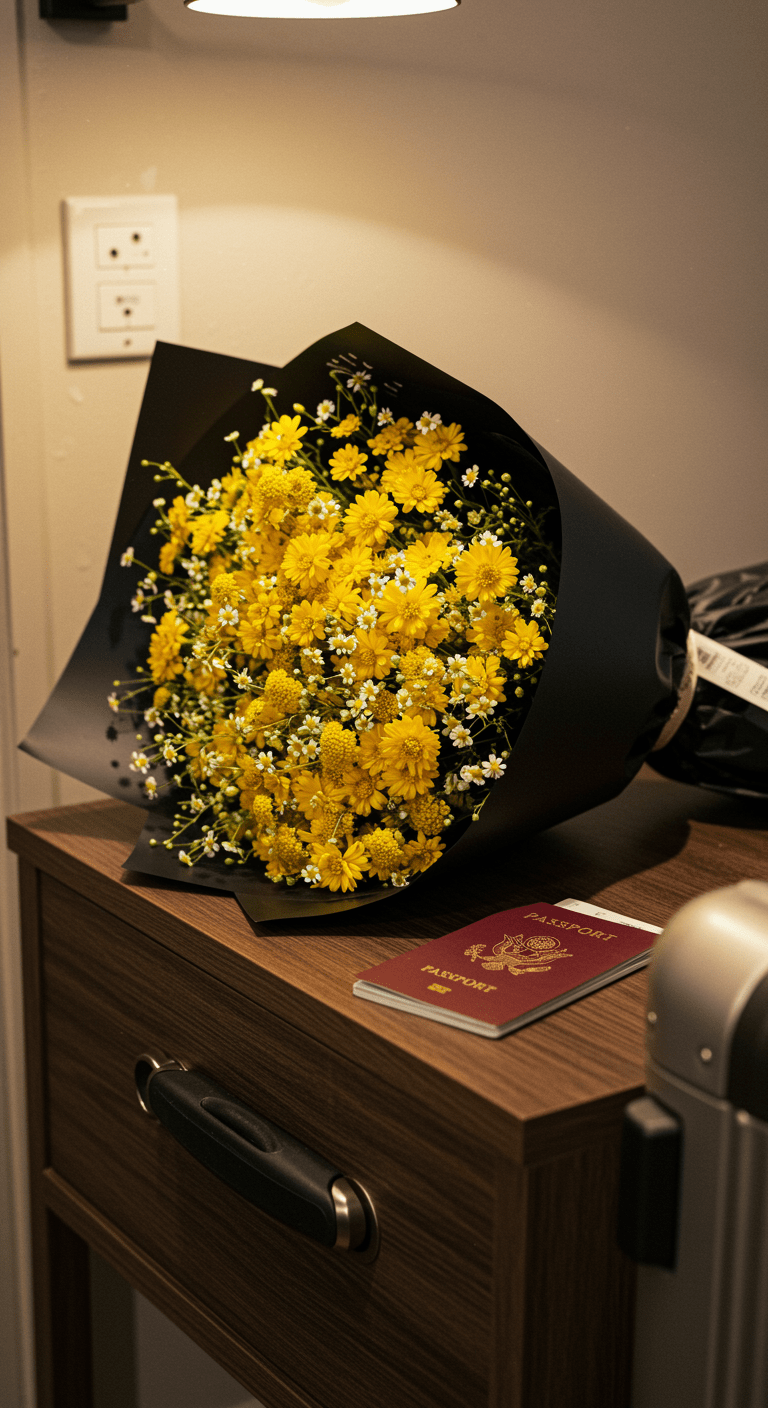 A cheerful bouquet featuring vibrant yellow craspedia and white daisies, wrapped in black paper, placed on an entryway table alongside a passport and a suitcase handle, evoking a warm welcome for a returning traveler.