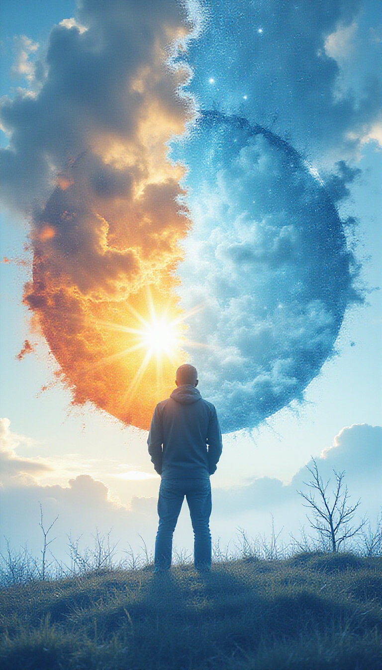 A vibrant infographic showing various weather patterns such as thunderstorms, sunny skies, fog, and snow, each with unique colors and symbols representing different atmospheric conditions, arranged in a circular layout around a central human silhouette reflecting different personality traits.