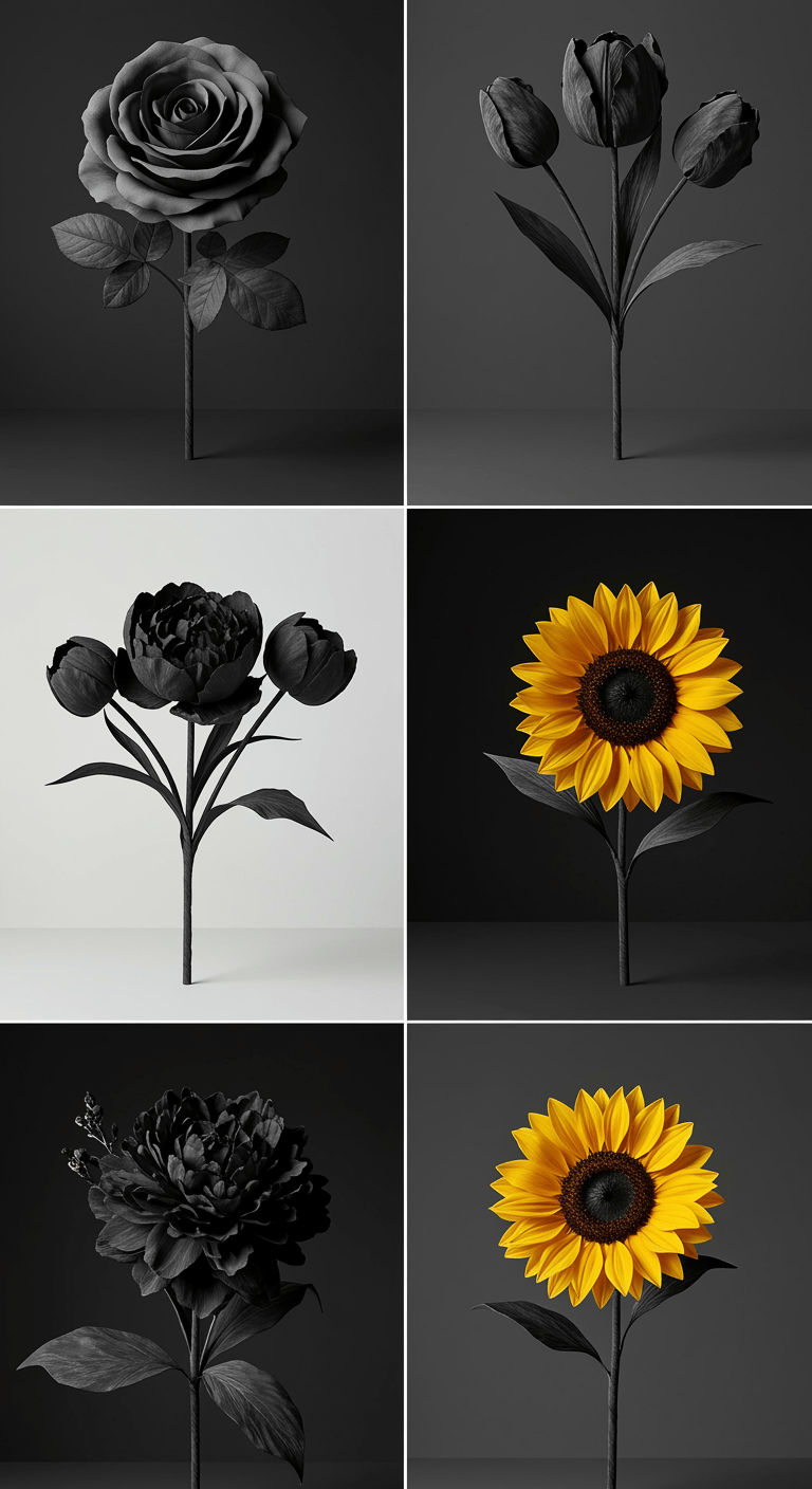 A 4x4 grid featuring four different flowers—rose, tulip, peony, and sunflower—each arranged as a mini-bouquet wrapped in matte black paper, styled for studio photography.