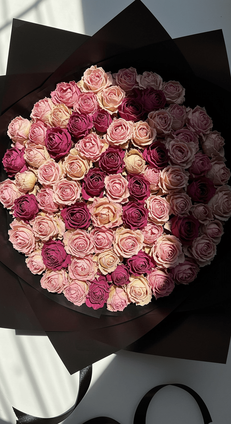 A flat lay image of dried rose petals arranged in an artistic pattern on a neutral surface, with the original black wrapping paper and ribbon placed nearby, creating a sophisticated floral display