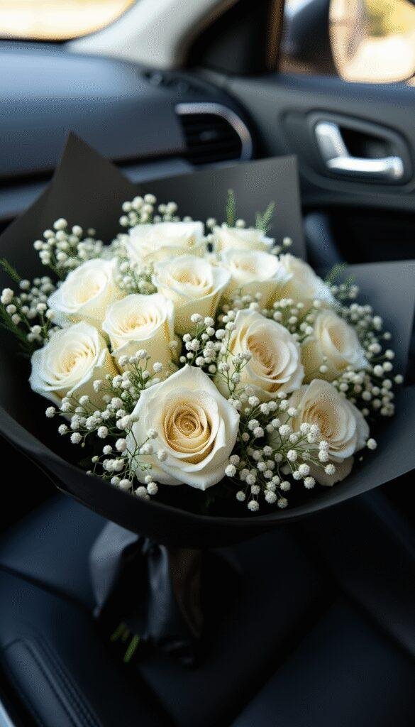 A close-up of a sophisticated bouquet featuring creamy white roses and delicate baby's breath, wrapped in black craft paper, resting on a car's passenger seat, illuminated by soft afternoon light.