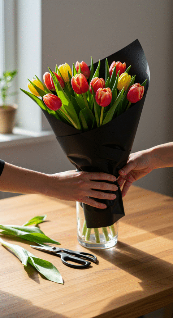 A person arranging a vibrant bouquet of tulips wrapped in black paper into a clear glass vase at home, bathed in soft morning light, creating a serene and peaceful atmosphere.