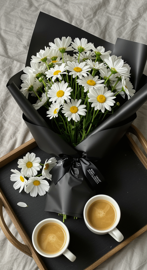 A delicate bouquet featuring bright daisies representing the 5th anniversary, combined with elegant white cosmos flowers, all wrapped in sleek black paper. The bouquet is placed on a breakfast tray alongside two steaming cups of coffee, with soft natural lighting highlighting the fresh, vibrant flowers and sophisticated presentation.