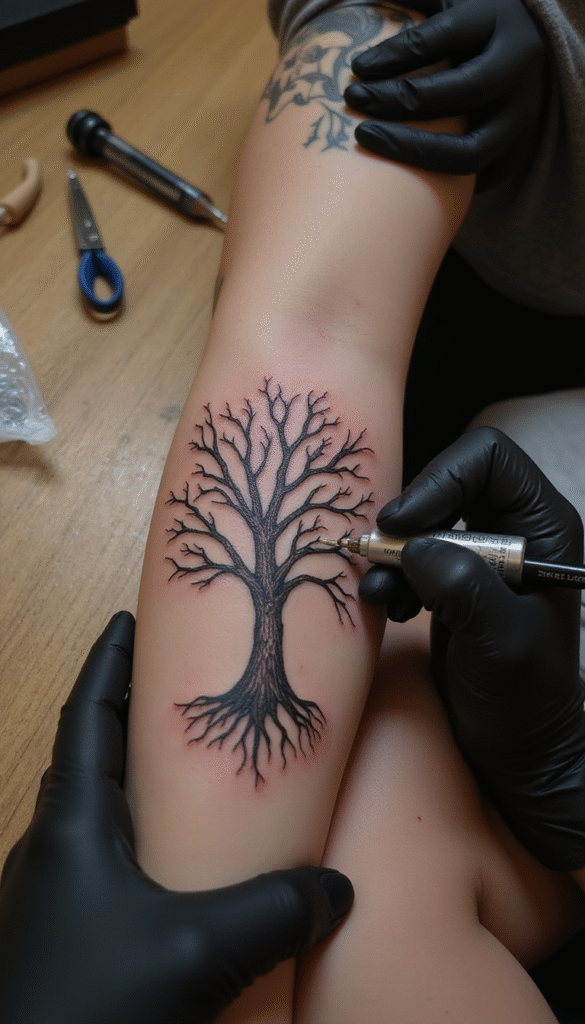 A close-up of two elegantly designed tattoos on the inner wrists of siblings, featuring intertwined symbols and meaningful words in black ink, set against a soft, blurred background. The tattoos symbolize bond and unity, highlighting detailed line work and delicate shading.
