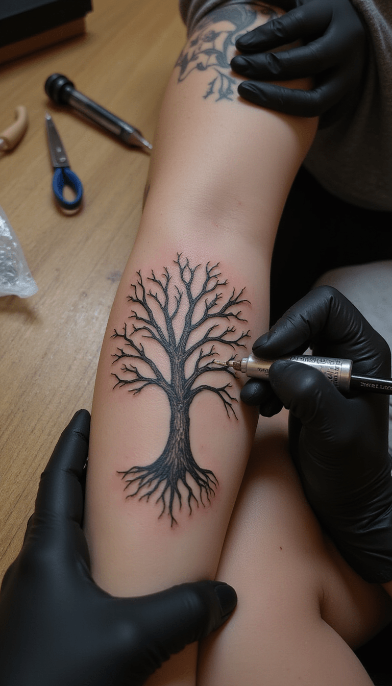 A close-up of two elegantly designed tattoos on the inner wrists of siblings, featuring intertwined symbols and meaningful words in black ink, set against a soft, blurred background. The tattoos symbolize bond and unity, highlighting detailed line work and delicate shading.